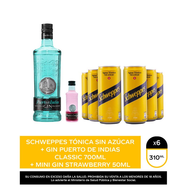 Schweppes-tonica-sin-azucar-310mL-x6--Gin-Puerto-de-Indias-Classic-700mL---1-Mini-Gin-S