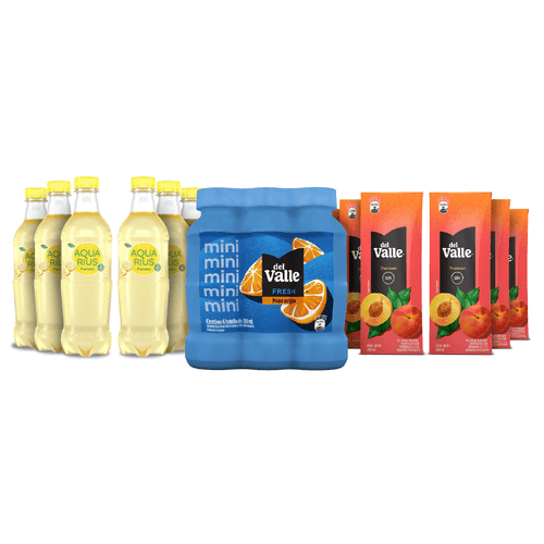 Pack Del Valle Durazno 200ml x6 + Pack Aquarius Pomelo 410ml x6 + Mini pack Del Valle Fresh naranja 250ml x6