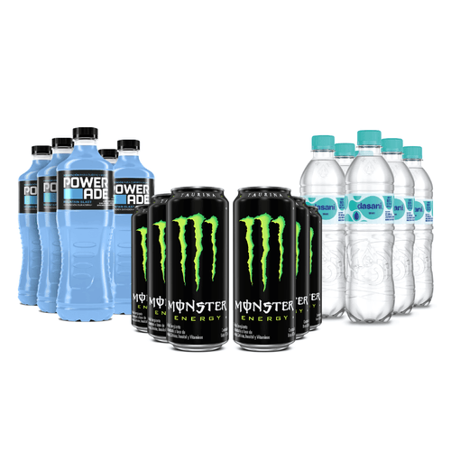 Pack Dasani 500ml x6 + Pack Powerade Mountain Blast 500 ml x6 + Pack Monster guaraná 473ml x6
