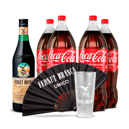 Combo Pack Coca-Cola sabor original 2 L x4 + Fernet Branca 1 L + 1 Abanico y 1 vaso Branca
