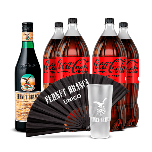 Combo Pack Coca-Cola sin azúcar 2 L x4 + Fernet Branca 1 L + 1 Abanico y 1 vaso Branca