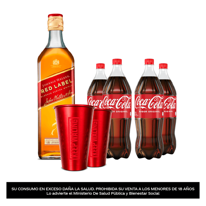 Combo Coca-Cola sabor original 1.5L + 1 Johnnie Walker Red Label 1L + 2 Vasos Johnnie Walker