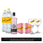 Combo Gin Puerto de Indias Strawberry + Schweppes pink tonic + 2 Schweppes tónica 2L + 2 Copas Schweppes