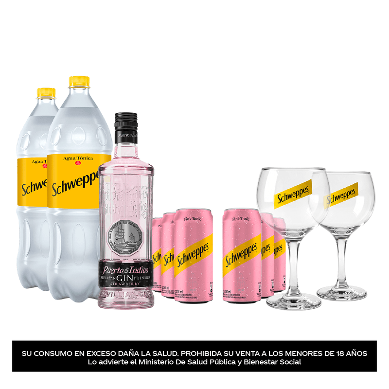 Combo Gin Puerto de Indias Strawberry + Schweppes pink tonic + 2 Schweppes tónica 2L + 2 Copas Schweppes
