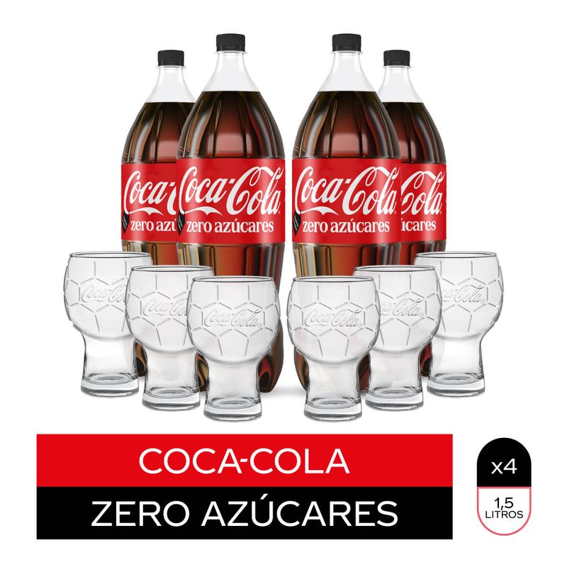 Pack Coca-Cola sin azúcar descartable 1.5 L x 4 + Vaso balón x 6